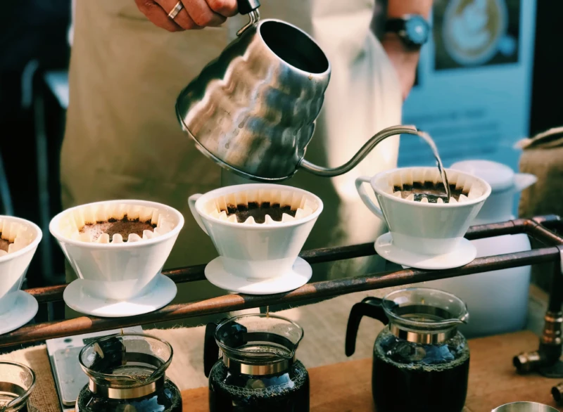 Artisan-pour-over-coffee-catering-setup-with-gooseneck-kettle-and-ceramic-drippers-in-Los-Angeles