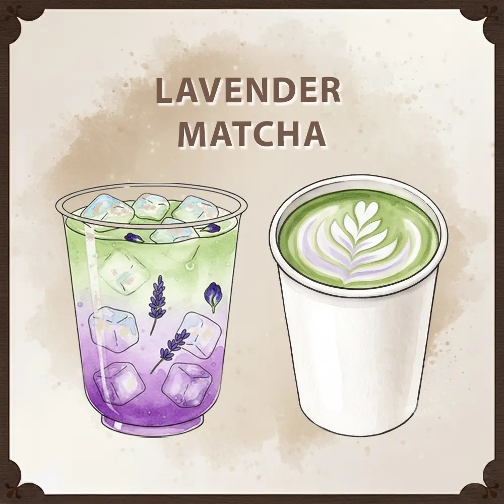 Refreshing iced lavender matcha from craft coffee catering setup Refreshing iced lavender matcha from craft coffee catering setup