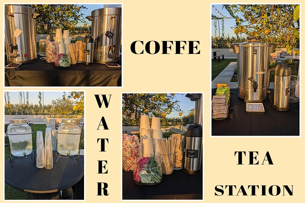 Self-serve-coffee-and-tea-station-catering Self-serve-coffee-and-tea-station-catering-los-angeles-setup-with-premium-silver-dispensers-and-infused-water