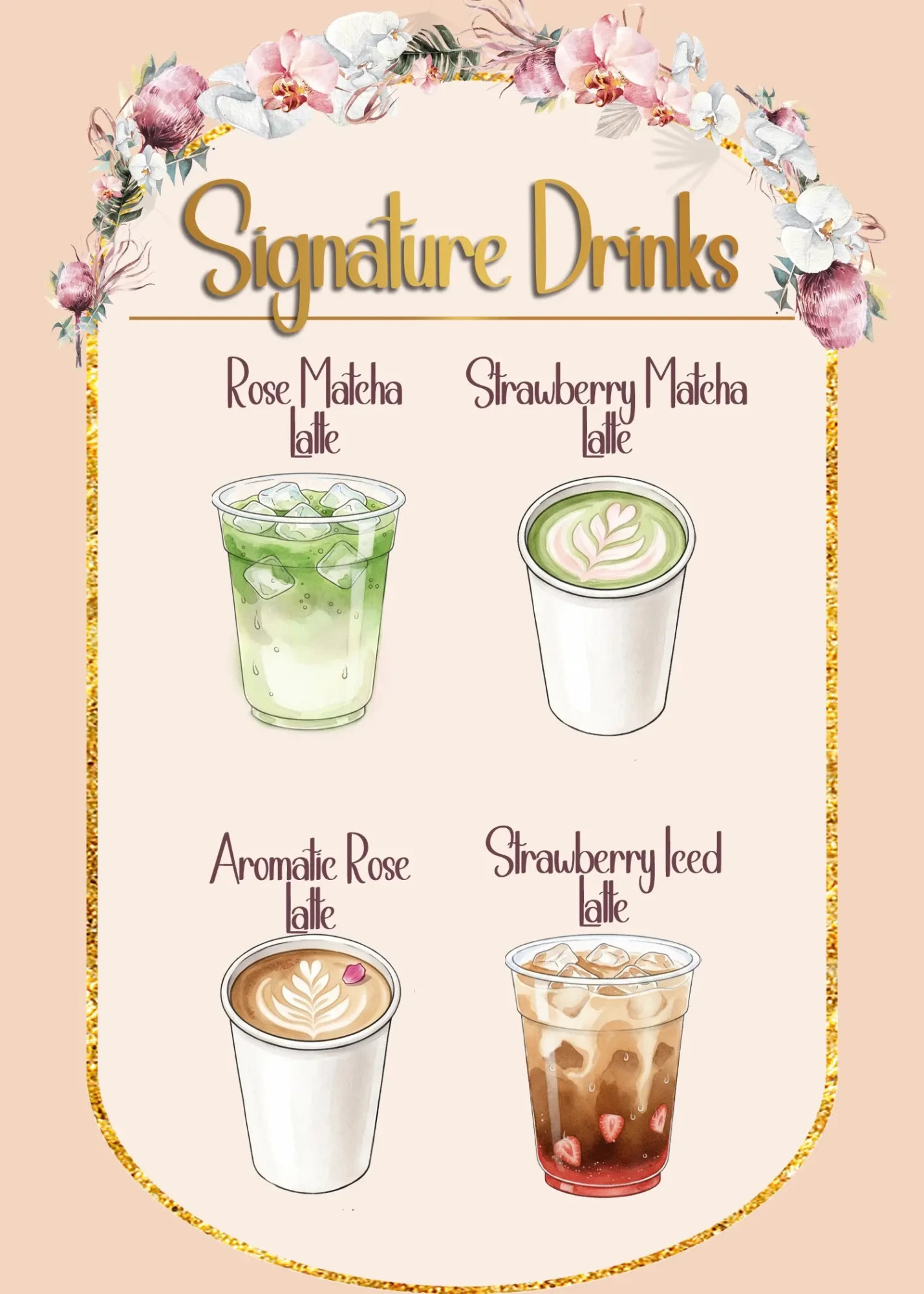 Specialty drink menu featuring lattes and matcha for private party Specialty drink menu featuring lattes and matcha for private party