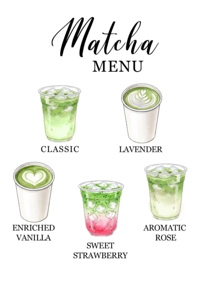 Layered iced matcha latte with fresh lavender syrup and pour over coffee.