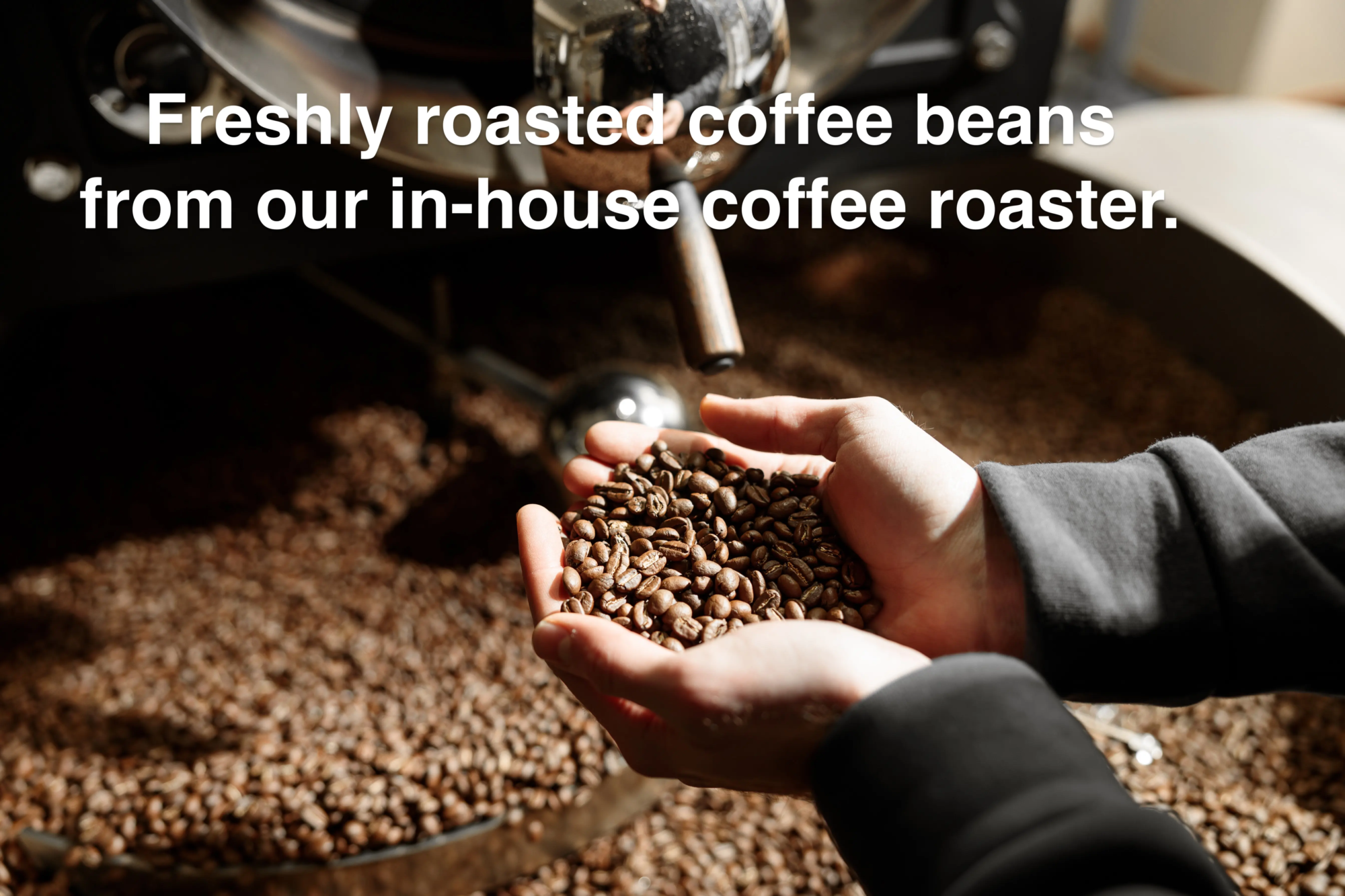 Professional coffee roasting in professional environment coffee beans have been poured into chilling section and now a human holding handful of in hand | Craft Coffee Catering Los Angeles, CA