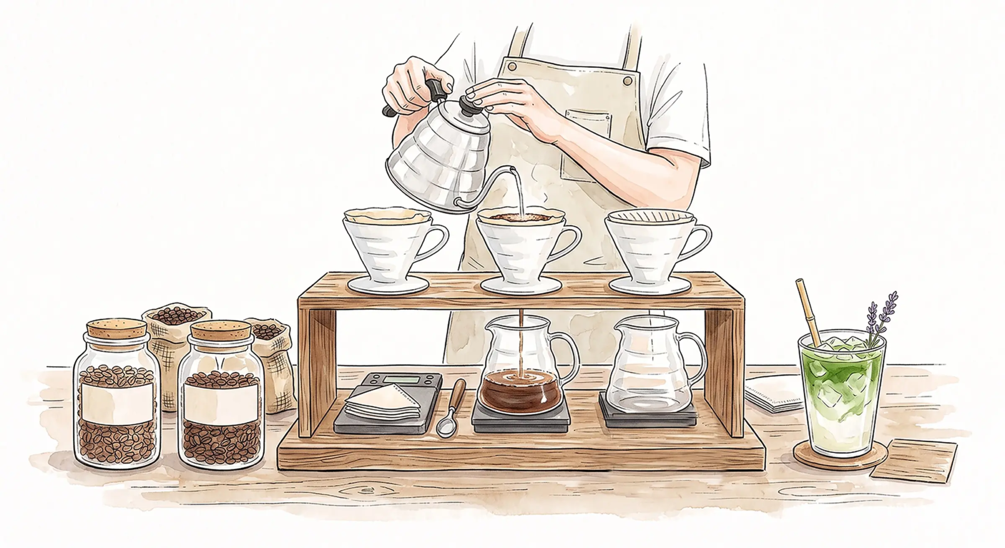 Artisan pour-over coffee setup and fresh hand-shaken iced matcha drinks for a luxury wedding in Los Angeles County.
