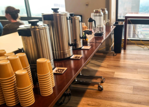 Elegant self-serve drip coffee and hot tea station setup for a high-volume corporate conference in Irvine, Orange County. Elegant self-serve drip coffee and hot tea station setup for a high-volume corporate conference in Irvine, Orange County.
